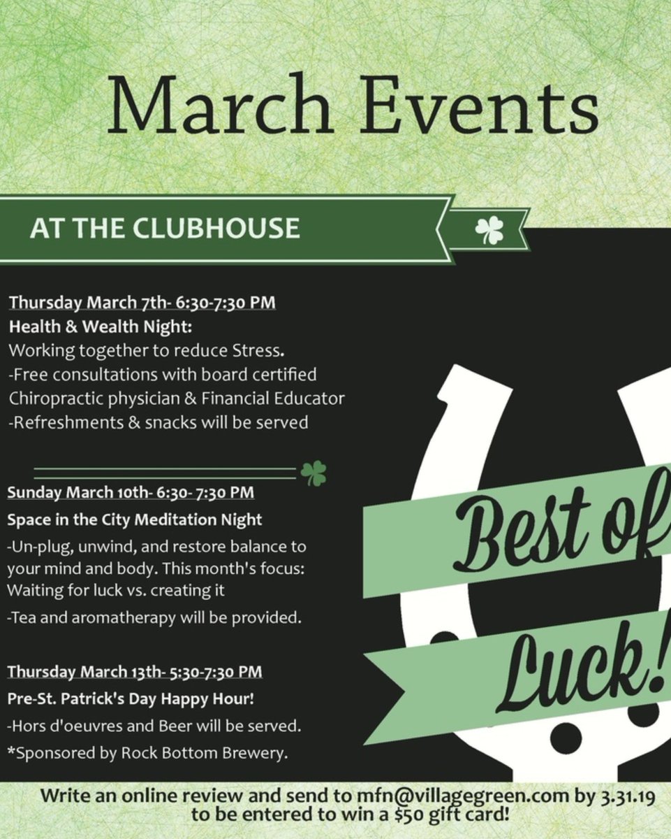 metro59apts's tweet photo. Mark your calendars for our March Events! 
Cant wait to see you there. 
#metro59apts #metro59 #villagegreen #events #stpatricksday #happyhour #lovewhereyoulive #march2019 #metro59events #residentevents https://t.co/BZFBdrJHAy