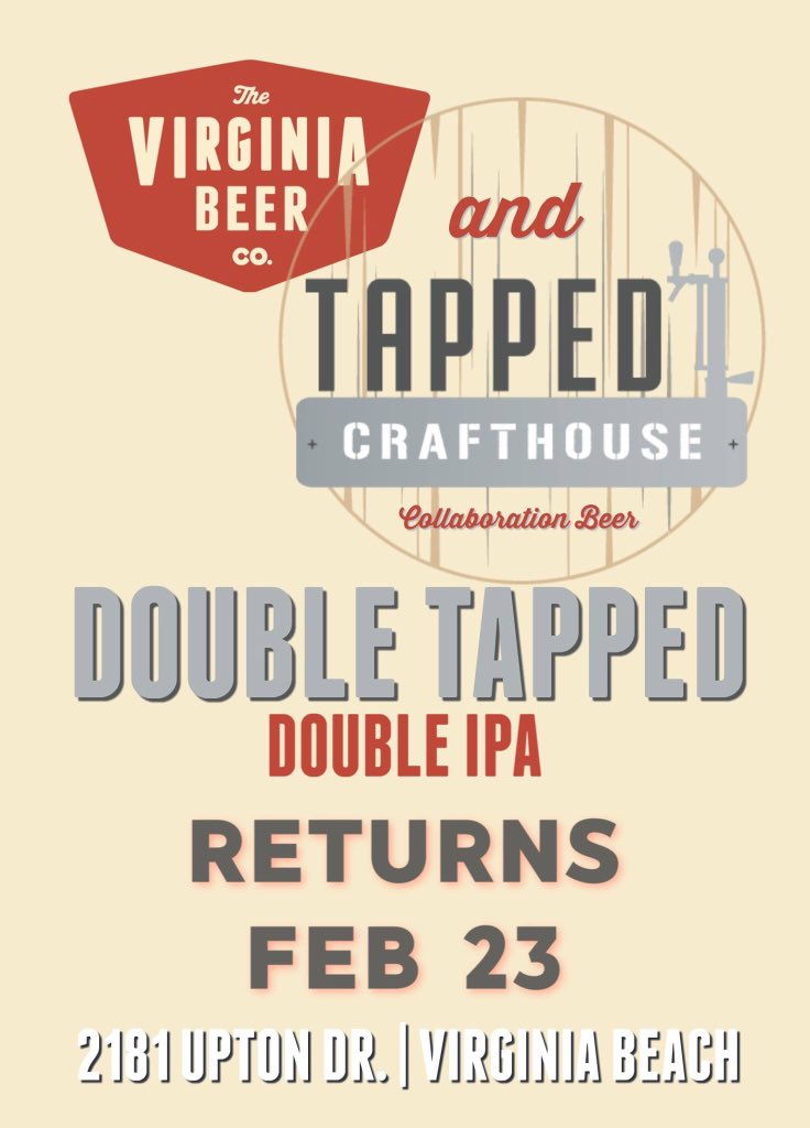 VirginiaBeerCo's tweet image. A @BeerAdvocate ”Best Of” in 2018.
Back for Round 2 in 2019. 💥🥊

“Double Tapped” today at the brewery and tonight at Tapped Crafthouse!

facebook.com/events/3832165…