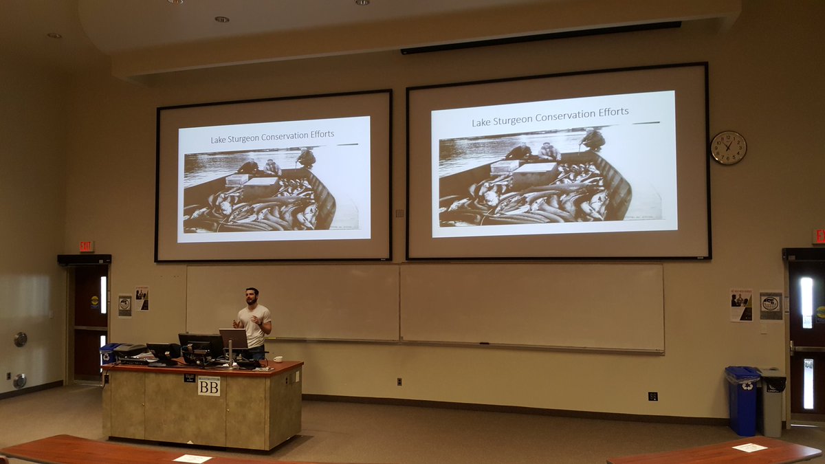 kenmjeffries's tweet photo. Will Bugg presenting his cool research on how early rearing conditions affect development in #LakeSturgeon! #PUBS2019 https://t.co/QeWXzic99G