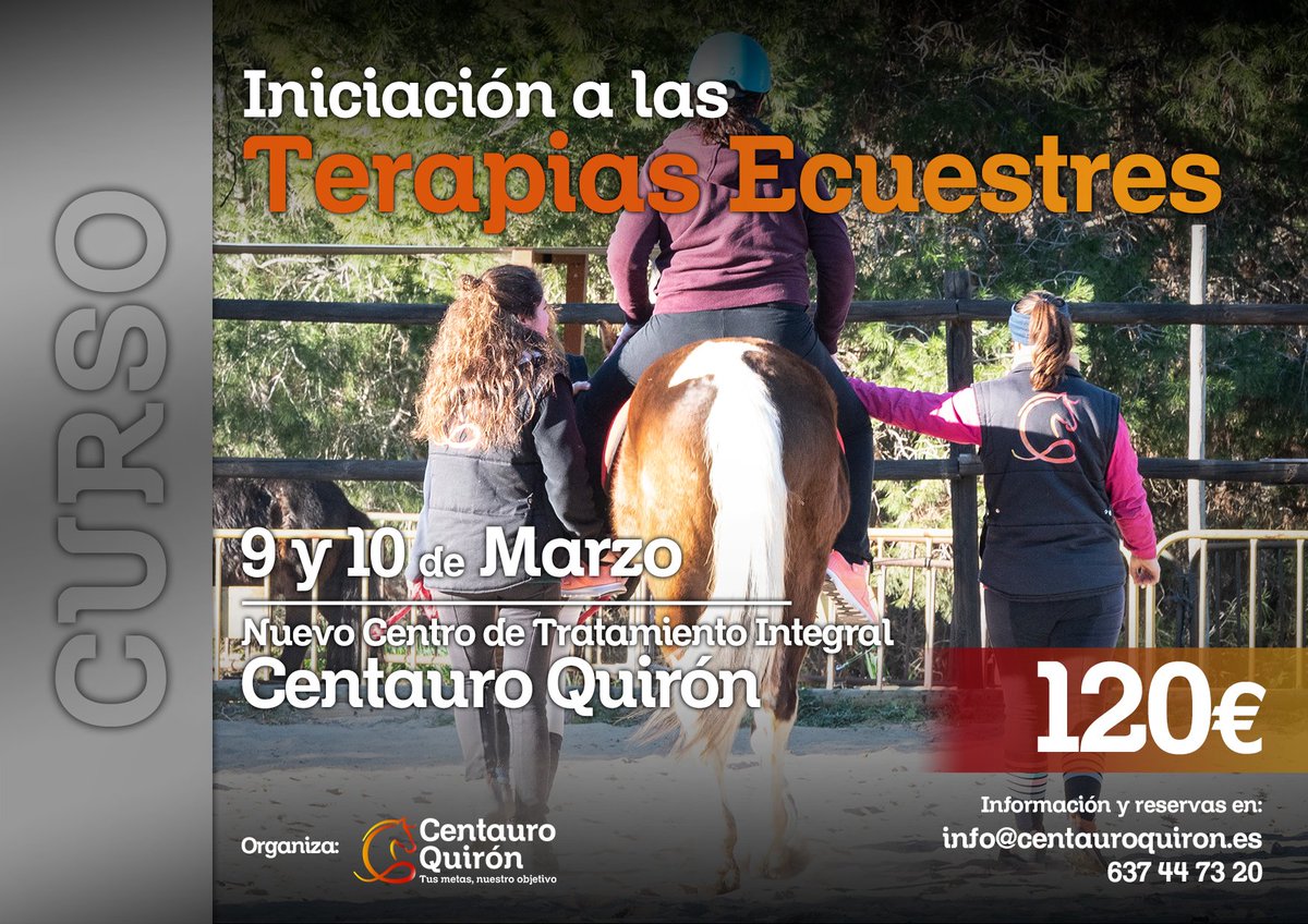 ¡Acordaos de reservar vuestra plaza! Ya está aquí la entrega 2019 de nuestro curso de "Iniciación a las #terapias #ecuestres ". No te lo puedes perder.👏👏👏

#caballos #terapiaecuestre #hipoterapia #fisioterapia #logopedia #psicoterapia #diversidadfuncional #formacion #cursos