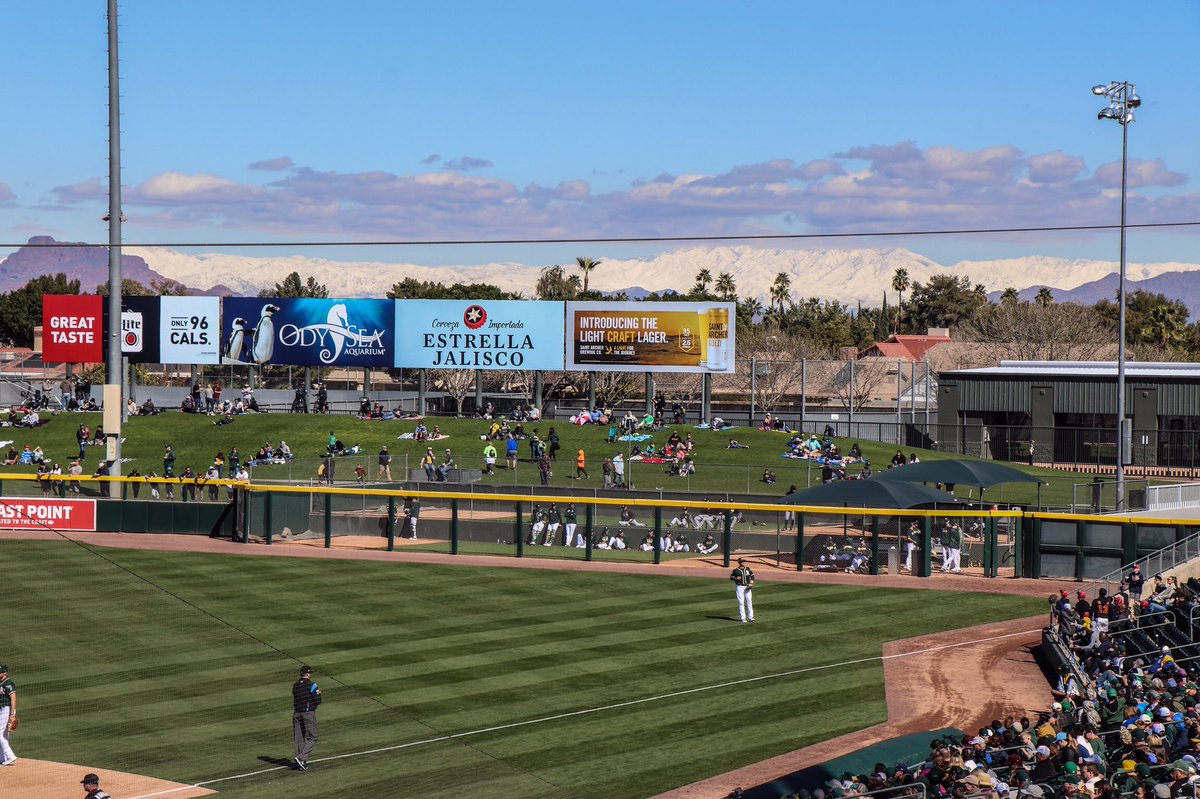 Athletics's tweet image. We love Spring Training for the start of a new season, the heat of the deser- Holy Toledo that’s snow on the mountain!