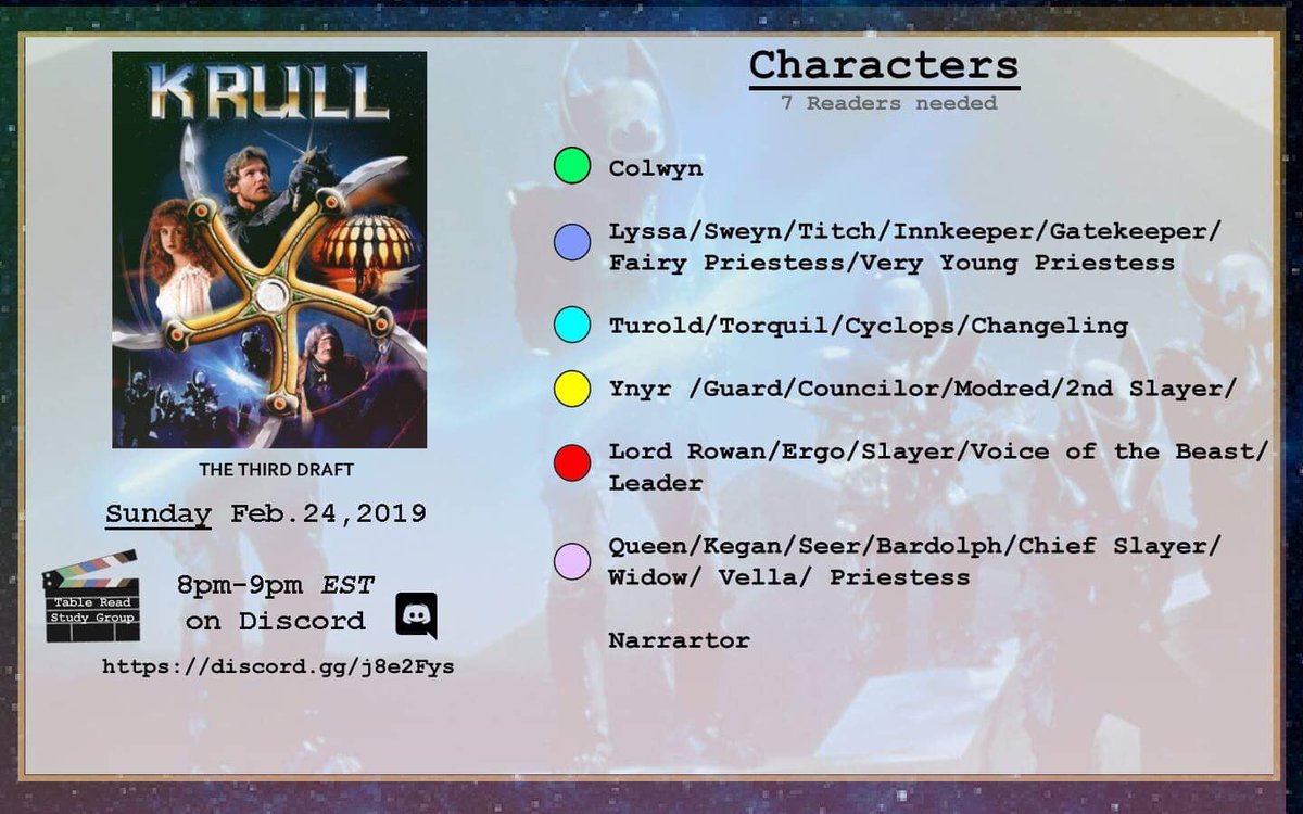 ahoyluvy's tweet image. Join the discord channel and come read Krull tomorrow! 

#readingscripts #learningoutloud  #movies #study #actors #coldreads