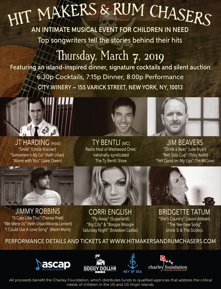 NYC!! Hit Makers &amp; Rum Chasers is coming to your city on March 7th @citywinerynyc! Soggy Dollar Rum drinks &amp; entertainment by this group of insanely talented people! Proceeds benefit the <a href="/CharleyFNDN/">Charley Foundation</a> Click on link for tickets! #painkillersandstorytellers

charleyfoundation.org/hitmakers/frie…