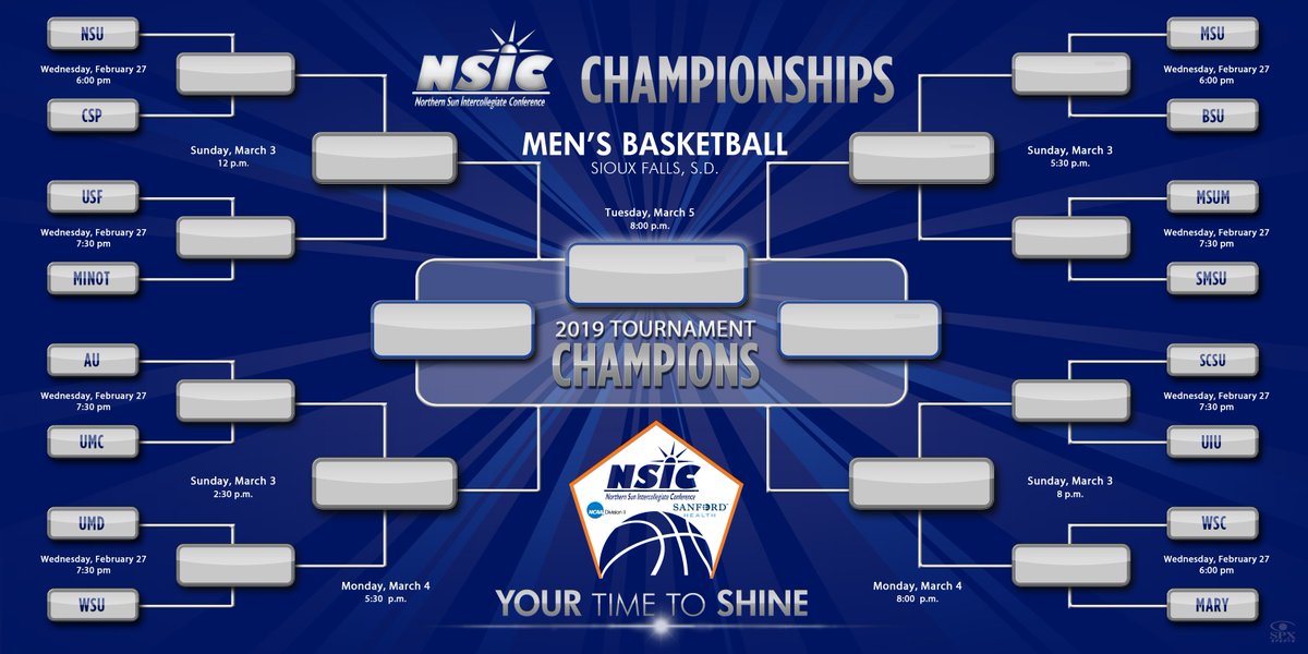NorthernSunConf's tweet photo. The 2019 NSIC/Sanford Health Men's Basketball Tournament bracket is set. The #NSICTourney will take place Wednesday, Feb. 27 at campus sites, then March 2-5 @SanfordPentagon in Sioux Falls, SD.
Bracket/Info: https://t.co/QQrWxGlRiZ
#YourTimeToShine https://t.co/WngK5ha5yP