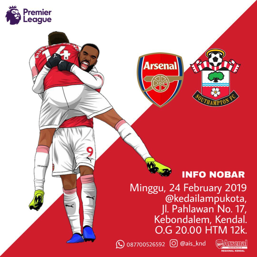 #NobarAISKND
#BudayakanNobar
⚽ Arsenal vs Southampton
📆 24 Februari 2019
🏠 Kedai Lampukota
⏰ 20.00 WIB
💰 12 K
#ForeverArsenal #COYG #Arsenal #aiskendal