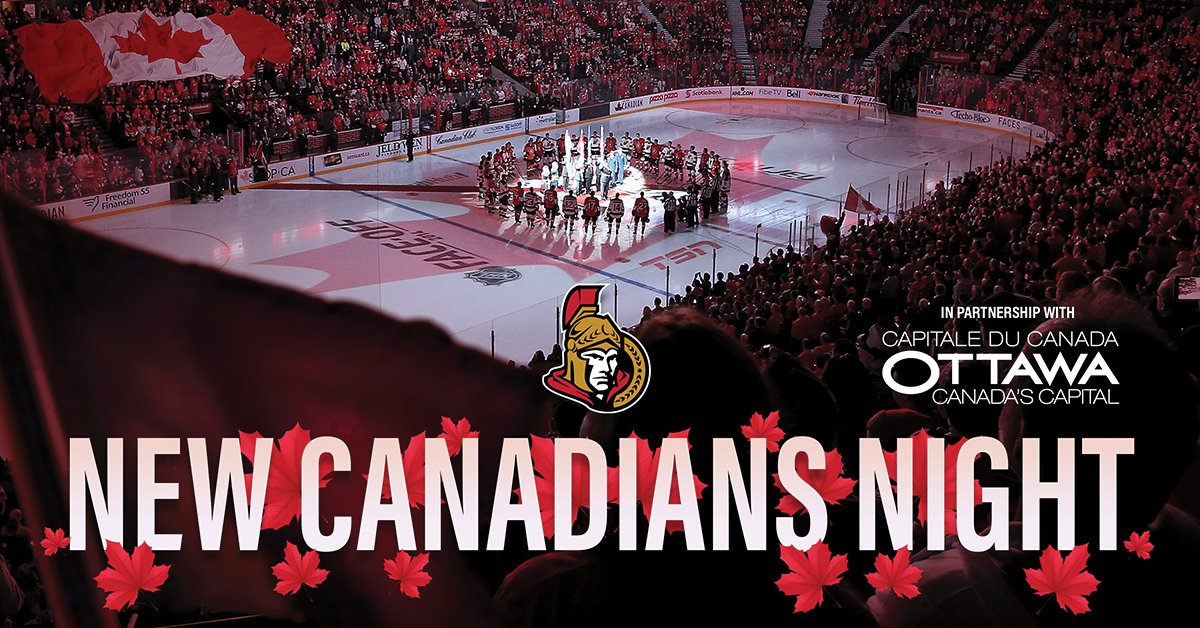 Senators's tweet image. In partnership with Immigration, Refugees and Citizenship Canada and @Ottawa_Tourism the #Sens will host the largest Citizenship Ceremony in Canadian sports history. 188 new Canadians from 40 different countries will sing the national anthem ahead of tonight's game.