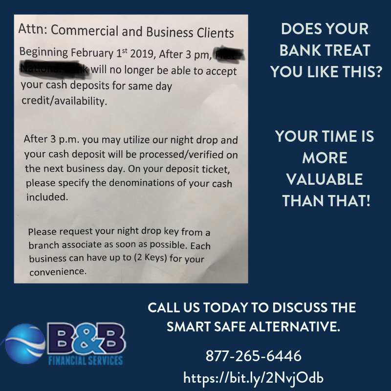 bandbfinancial's tweet image. We can save you time, increase workplace safety, reduce theft and improve the overall operations of your business!  Contact us today!  Your time is too valuable not to.
#smartsafe #bankissues #bankingalternatives #atm #atms #cashbusiness #cashonly