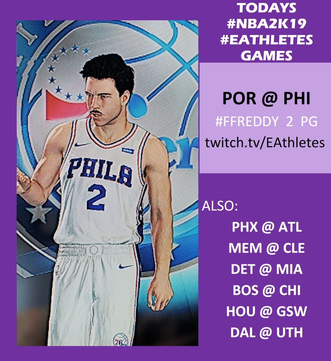 The_eAthletes's tweet photo. Coming this evening, a couple Live Feature games on our #EAthletes #Twitch Channel!
#FFREDDY #76ers #NBA2K19
#AshleyPyatt #Kings #NHL19
#RookieSZN's
https://t.co/gahUGwL6Cq https://t.co/vLPdGIZq0e
