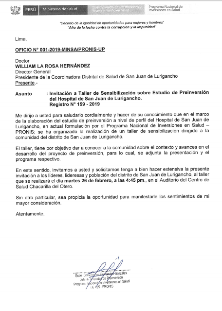 CODISA_SJL's tweet photo. Hacemos extensiva la Invitación de PRONIS al "Taller de Sensibilización sobre el Estudio de preinversion del Hospital San Juan de Lurigancho" el cual se realizará este martes 26 de febrero a las 4:45pm en el auditorio del Centro de Salud de Chacarilla Otero. 
Los esperamos! https://t.co/1N1cjRY8s2