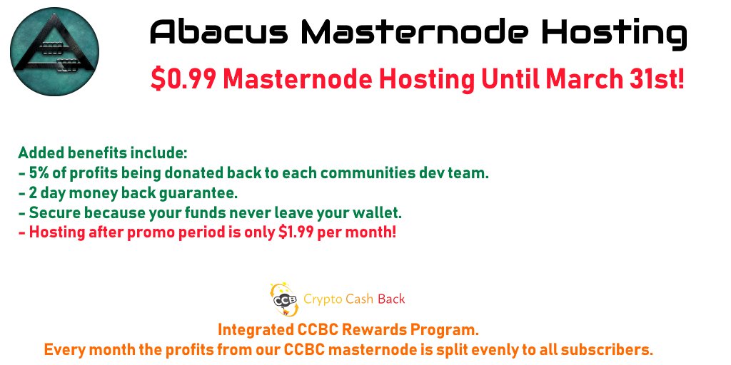 ++Abacus Masternode Hosting Bounty!++

Earn 100 $CCBC by doing the following:
- Retweet &amp; Like this post
- Follow <a href="/AbacusCoin/">Abacuscoin 🧮</a> &amp; <a href="/CCBcoin/">CCBcoin</a>
- Comment below your CCBC Address &amp; Discord#1234

All requirements must be met!
#BountyCampaign #Masternodes #Hosting