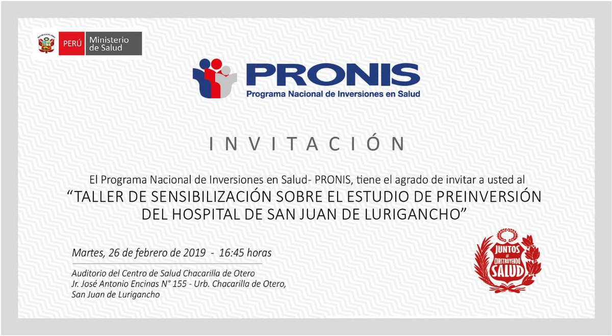 CODISA_SJL's tweet photo. Hacemos extensiva la Invitación de PRONIS al "Taller de Sensibilización sobre el Estudio de preinversion del Hospital San Juan de Lurigancho" el cual se realizará este martes 26 de febrero a las 4:45pm en el auditorio del Centro de Salud de Chacarilla Otero. 
Los esperamos! https://t.co/1N1cjRY8s2