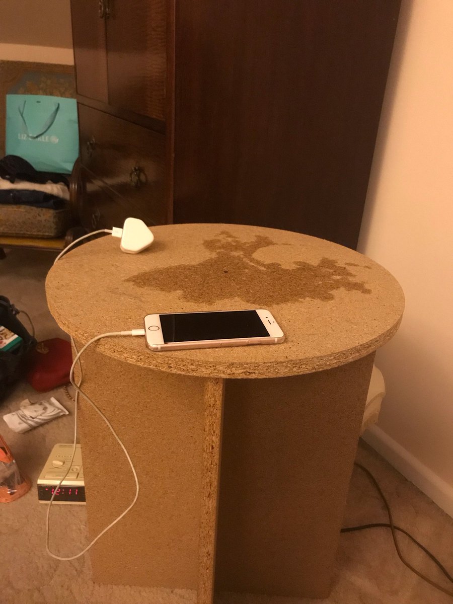 simongladman's tweet photo. Staying at Grandmas house tonight. Gone to bed, and spilt water on presumably very old/expensive bedside table, with floor length tablecloth on. Take off cloth to dry overnight, and hope the table is ok, only to find this: https://t.co/KMJL90Venm