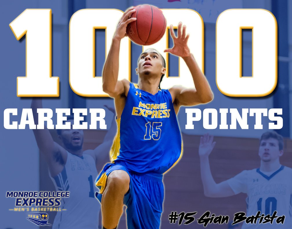 MonroeExpress's tweet photo. Congratulations to Gian Batista who became the first player in Monroe Express men's basketball history to score 1,000 career points with his layup with 2:23 remaining in the first half against Kingsborough!!!!! @NJCAABasketball  #HopontheExpress 🚇🚇🚇🚇 https://t.co/Glg4GHWAP9