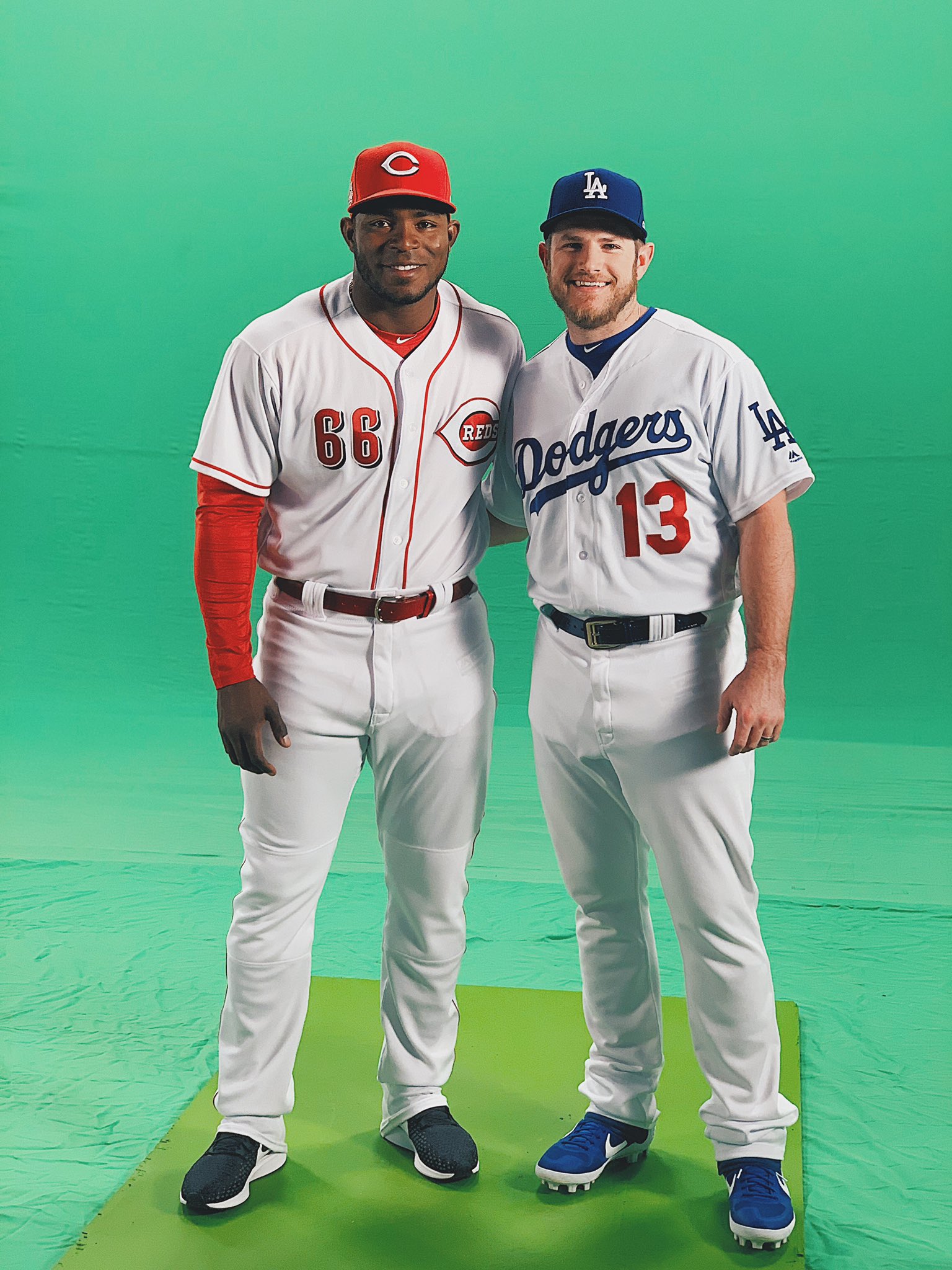 Yasiel Puig on X: I ran into a familiar face on the set of @mlbnetwork  this week. Good to see you @maxmuncy! #reds #dodgers #baseball #mlb Which  jersey you like better? Comment