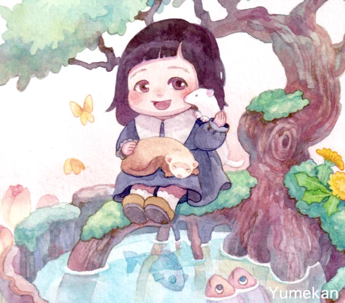 【お仕事紹介】 ご自宅に飾られる絵のご依頼です。 春に1歳になる女の子を描かせて頂きました。一緒に暮らしているフェレット君たちと、シャイなハリネズミくんも一緒です。 春の花の花言葉と共に、健やかな成長を願って描きました。