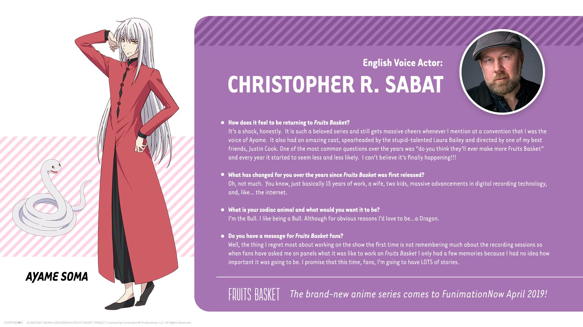 Fruits Basket on X: Rounding out the Mabudachi Trio is Yuki's fabulous  older brother Ayame, the Snake, who will be played by Christopher R. Sabat,  @VoiceOfVegeta, in the brand new Fruits Basket