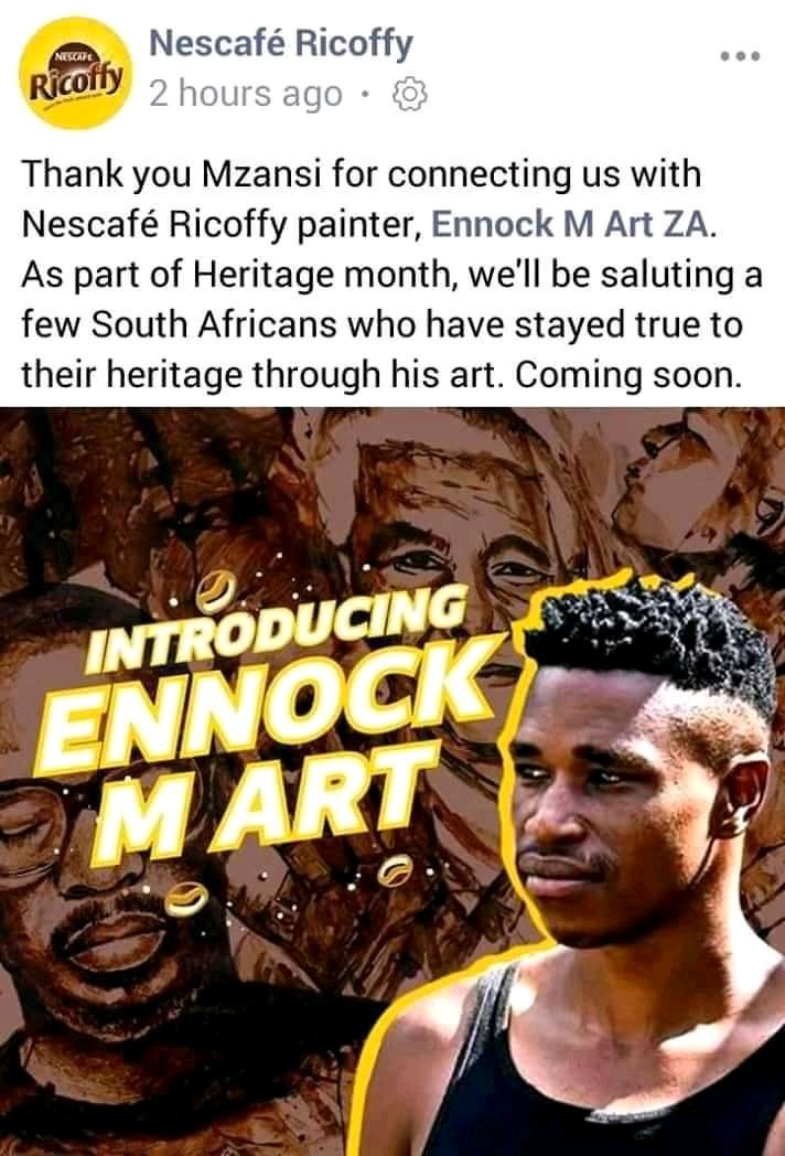 ennockmartZA's tweet photo. Last year I did this crazy idea of drawing @RealBlackCoffee with Ricoffy, that's how Ricoffy found me and we worked together on their heritage project. Few month later I am in partnership with Nestlé and Ricoffy 🙌🏾. My name is Ennock Mlangeni. YOU DON'T KNOW ME YET! #artbyennock https://t.co/8uMiyn6iRG