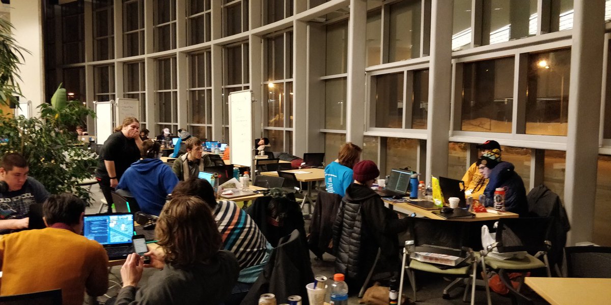 mtuwwhack's tweet photo. It is two fifty in the morning. Hackers are continuing to hack. Organizers are holding the fort &amp; watching @theofficenbc. ~Six more hours until hacking ends!  #wwh2019 https://t.co/suJSjGCVkp