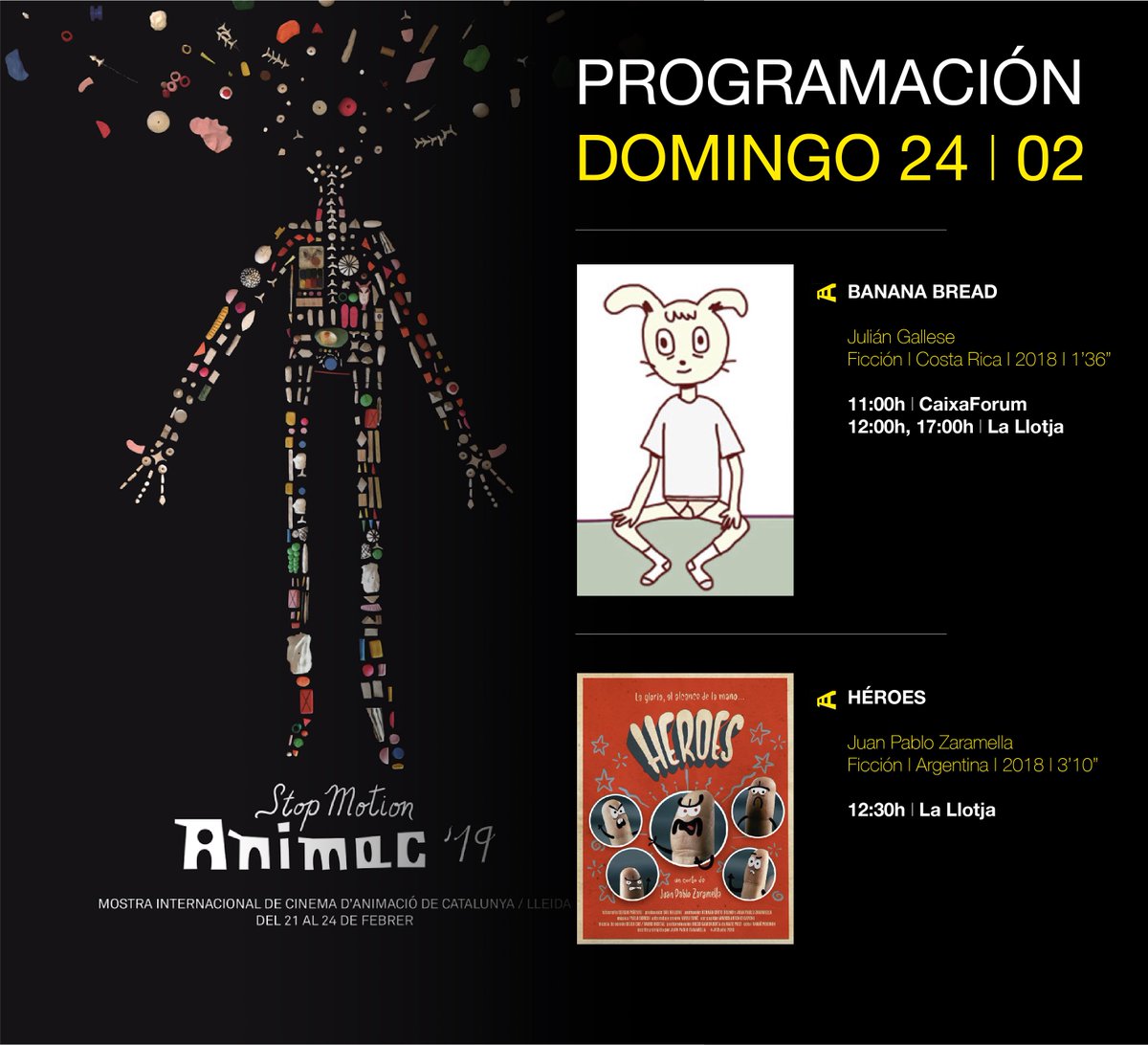 Programación para este domingo 24 de febrero, último día del <a href="/Animac_Lleida/">Animac</a> 2019, con participaciones de Argentina 🇦🇷 y Costa Rica 🇨🇷. Sesiones en el <a href="/CaixaForum/">CaixaForum</a> y @lallotja a partir de las 11:00h y 12:30h respectivamente. <a href="/juliangallese/">Julian</a> <a href="/JPZaramella/">Juan Pablo Zaramella</a>