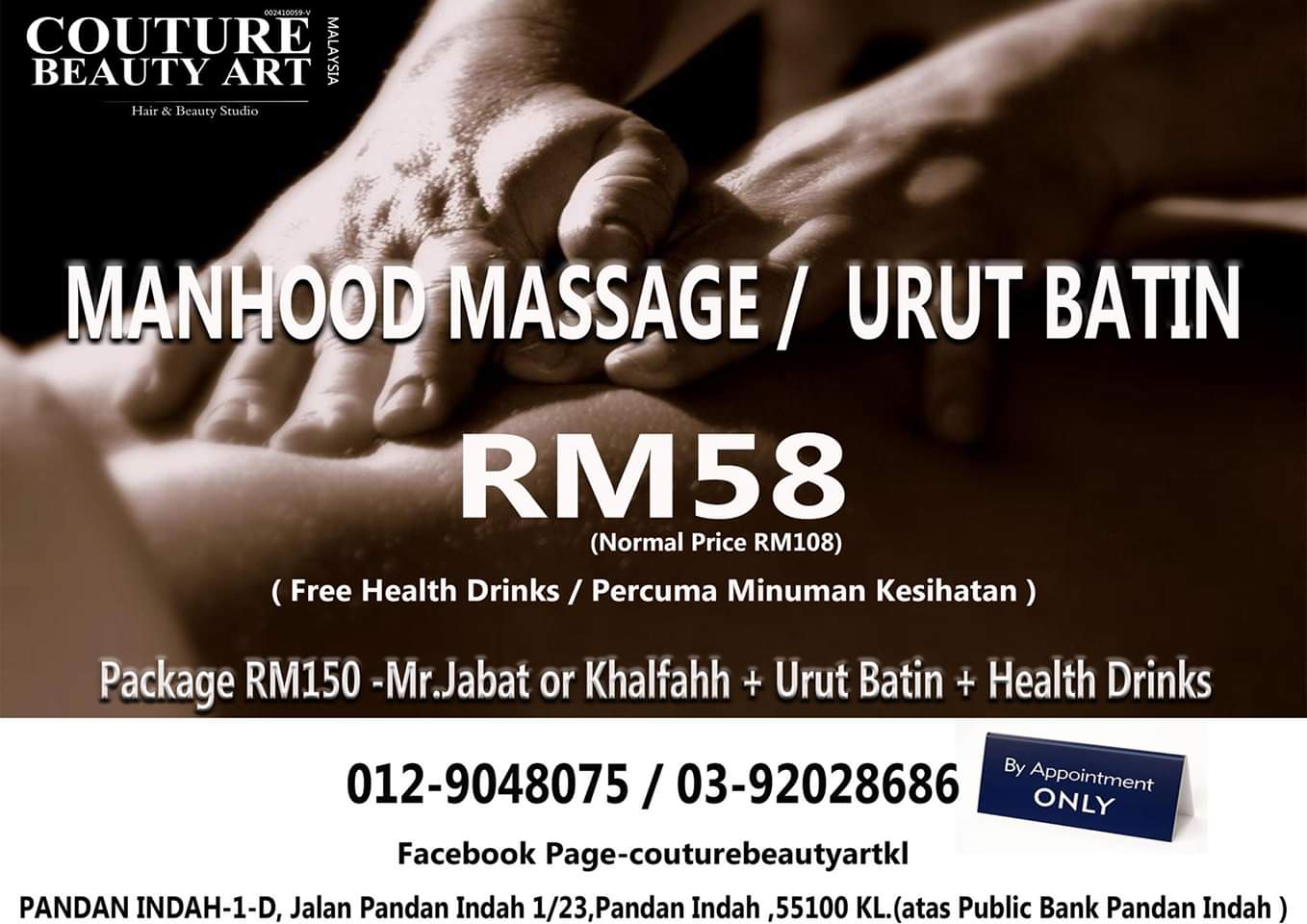 Couture Beauty Art Kl (Health and Beauty) on X: Urut Batin 0129048075  PANDAN INDAH #pandanindah #spaforman #spaformankl #kualalumpur  #rawatanlelaki #urutbatin #masalahlelaki #kesihatanlelaki #budaklelaki  #kahwin #rahsialelak #manhoodmassage #urutbatin ...