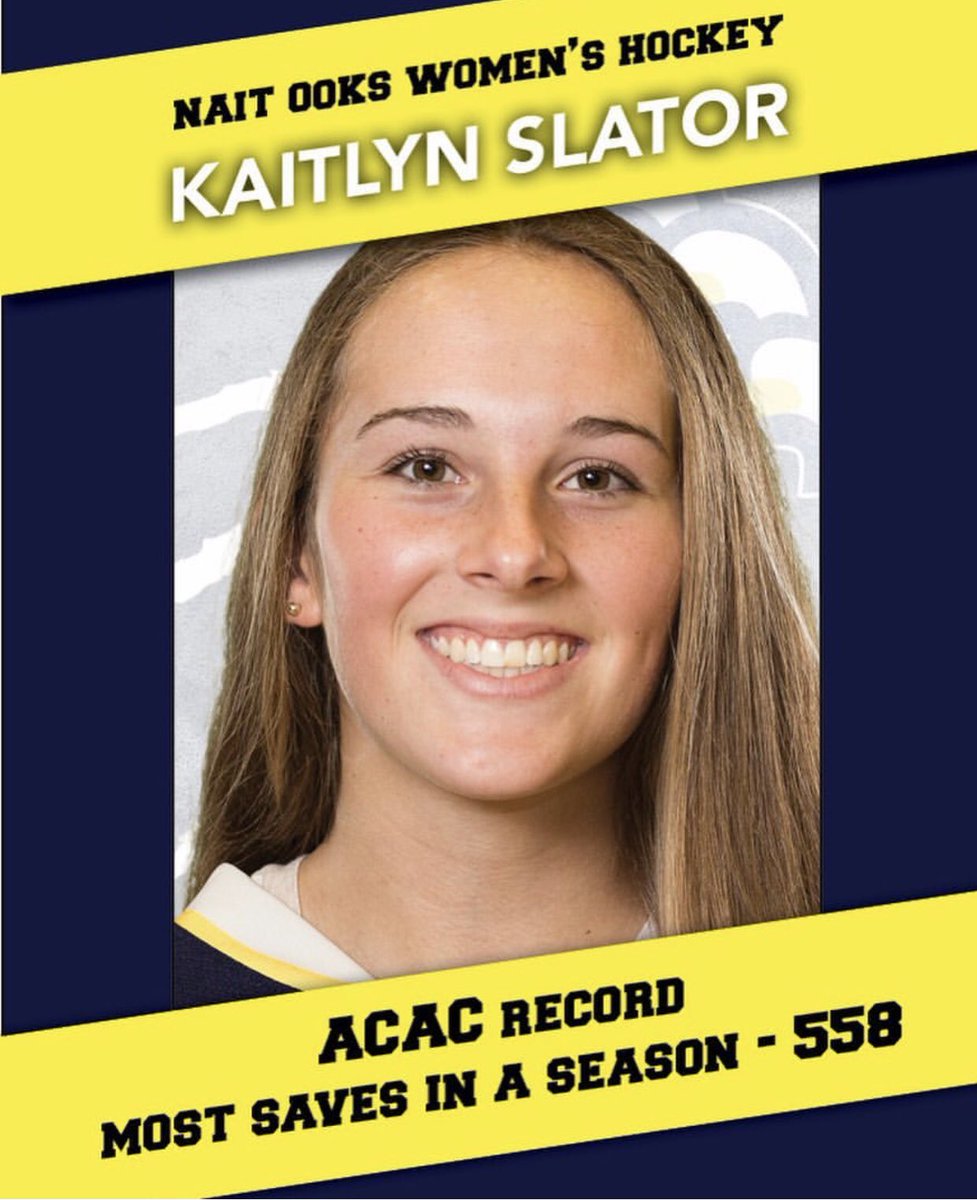 OOKSWHKY's tweet image. Goaltender Kaitlyn Slator has set another ACAC Record with the “Most Saves in a Season” @KaitlynSlator recorded 569 saves this season. @naitooks @ACAC_Sport @NAIT