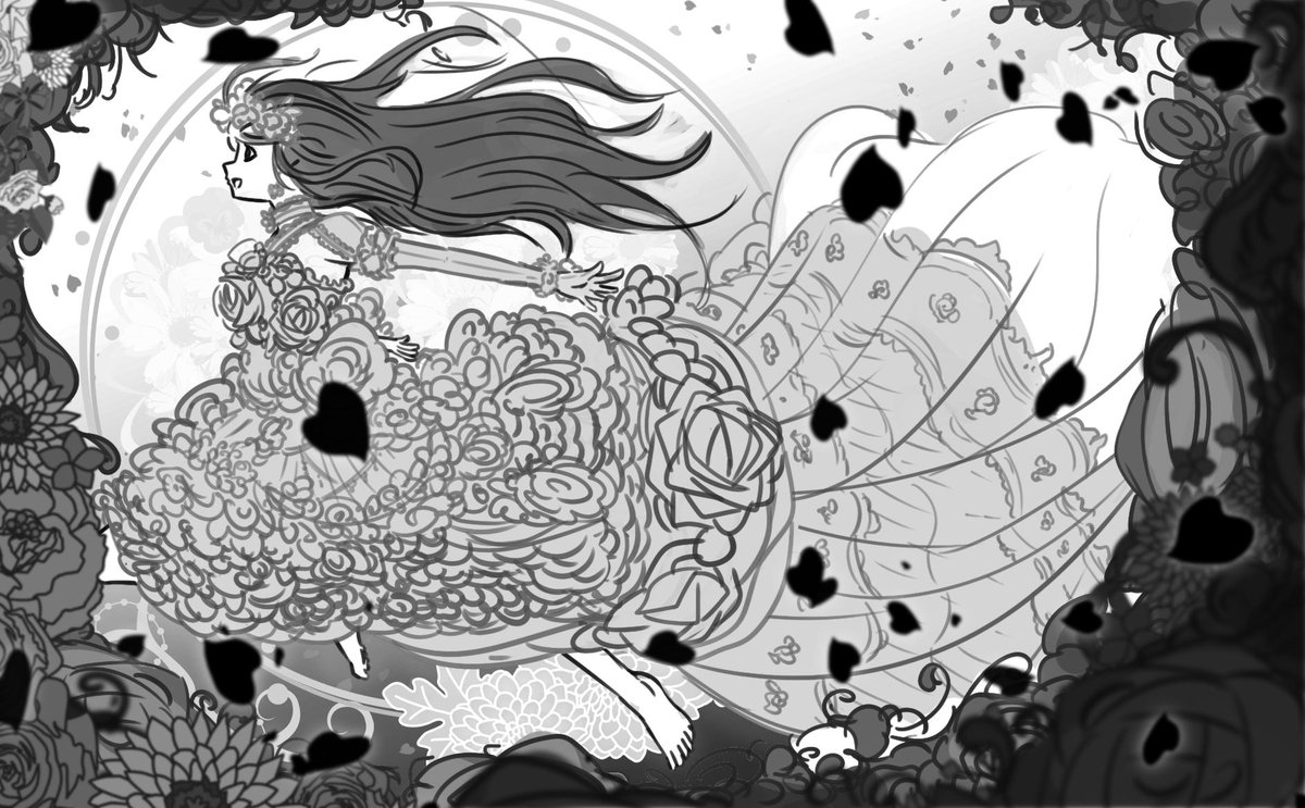 【ラフの制作工程】
①「黄金比」をベースにざっくり全体の構図を描く
②人物のパーツを描く 
③人物の上から服を描く。塗を入れる。
④全体の色イメージを調整、味付け

こんな感じで描きました。 