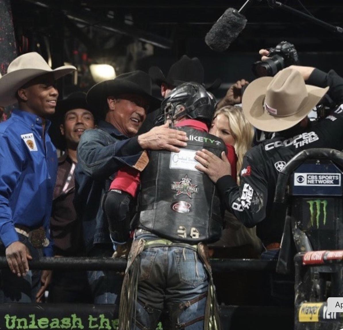 It’s not often you have "Rocky" <a href="/TheSlyStallone/">Sylvester Stallone</a> spot you and celebrate with you after a great ride at the <a href="/pbr/">PBR</a> Iron Cowboy! Nice job <a href="/dakotabuttar38/">dakotab</a> #rocky #thechamp #sylvesterstallone @healdprobulls <a href="/EnergyDodge/">Energy Dodge</a> <a href="/cinchjeans/">Cinch Jeans</a> <a href="/chadberger/">Chad Berger 🇺🇸</a> <a href="/MTSilversmiths/">Montana Silversmiths</a> <a href="/PBRCanada/">PBR Canada</a> @benmarquis20