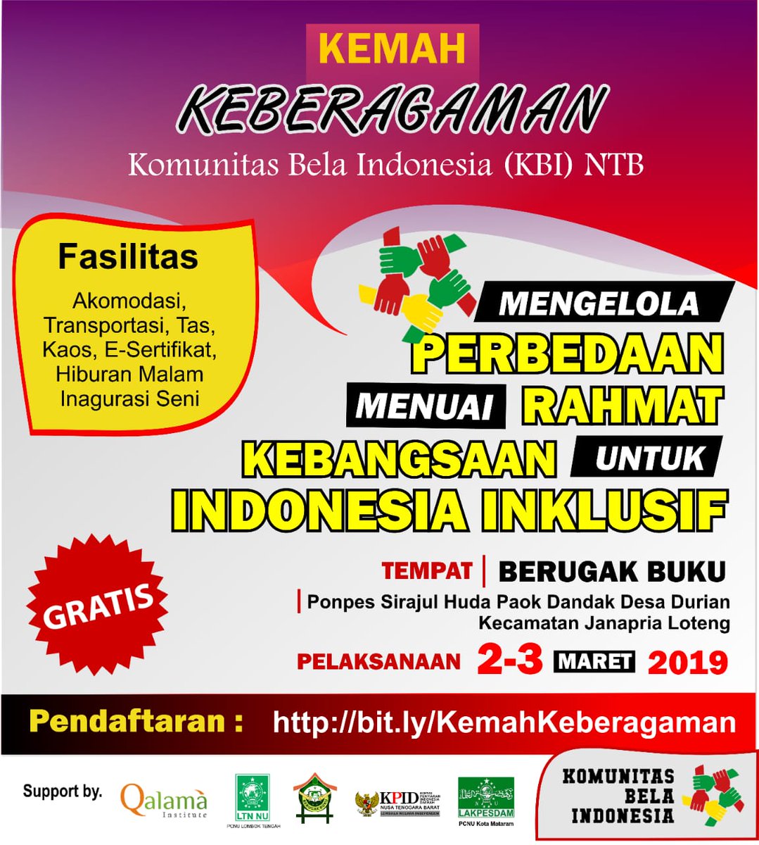 Kemah Keberagaman, Komunitas Bela Indonesia (KBI) NTB. Berminat, segera daftarkan diri, peserta terbatas dan akan diseleksi. Pendaftaran dibuka sampai 26 Februari 2019 <a href="/jaringankbi/">Jaringan Komunitas Bela Indonesia</a>