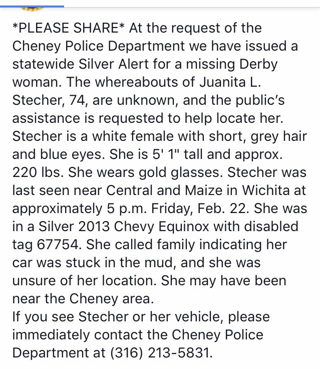 kshighwaypatrol's tweet photo. SILVER ALERT issued by KBI, vehicle is 2013 silver Chevy Equinox. Please read for details and please SHARE. https://t.co/Yyu7fYbeGb