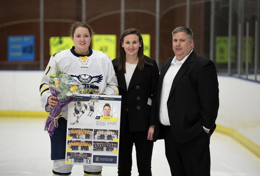 OOKSWHKY's tweet photo. Seniors Night tonight and we honoured two 5th year players and a graduating player leaving NAIT after this season. @carlinboey21, @vercakuzelova have spent 5 seasons in an Ook jersey and @TanelBoeckman has spent 2. @naitooks @sherribowles and @jdiachuk  on hand for the alumni https://t.co/aY195t3rcp