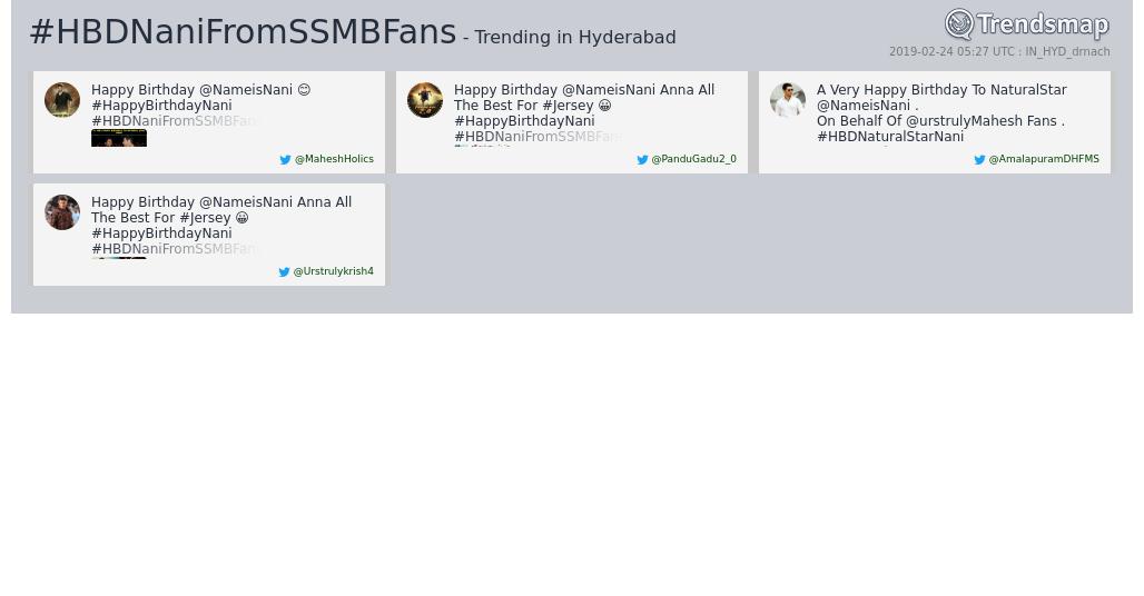TrendsHyderabad's tweet photo. #hbdnanifromssmbfans is now trending in #Hyderabad

https://t.co/gSPGpHx2bI https://t.co/UbI1jrfWg8