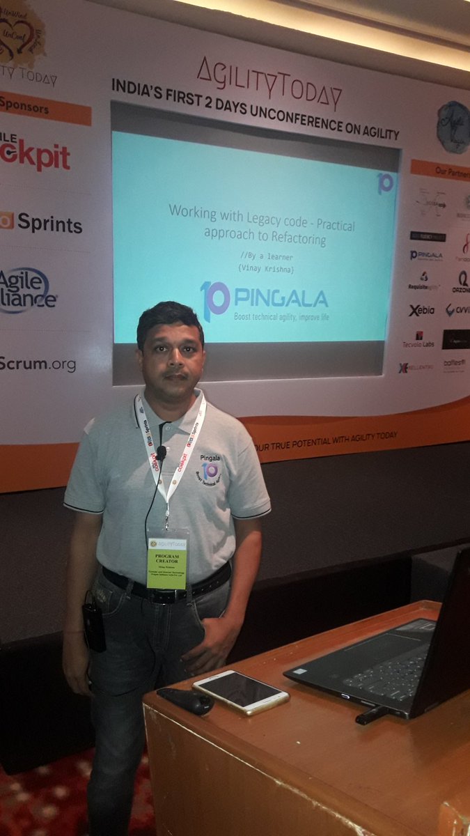 mail2subodh's tweet image. Vinay Krishna currently speaking on topic "Working with Legacy code - Practical approach to Refactoring" at @AgilityToday