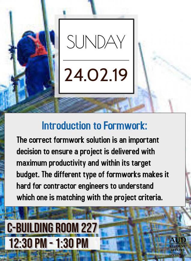 ASCE_AUD's tweet photo. Join us for the event today: Introduction to Formwork. Learn how to ensure the project is delivered with maximum productivity. 12:30-1:30 at C227. Don’t miss it! https://t.co/54U89N0CV3