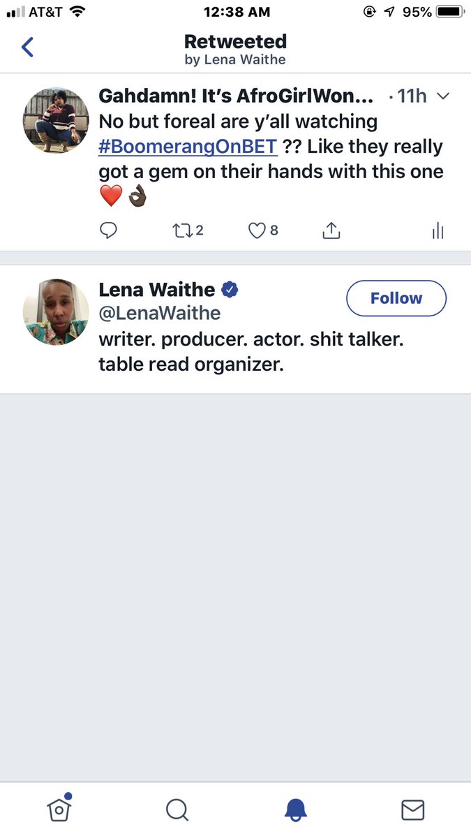 AfroGirlWonder's tweet photo. Lena. Fuckin. Waithe RTโd & liked my post!! Yโall.. just let me die in peace now ๐ฉโค๏ธ @LenaWaithe #ILoveHer #AmazingWriter #TheChi #BoomerangOnBET #SheWriteHotFiya #OhMyGoshILoveHer #WhatIsLifeRightNow https://t.co/BG3DGua8kC
