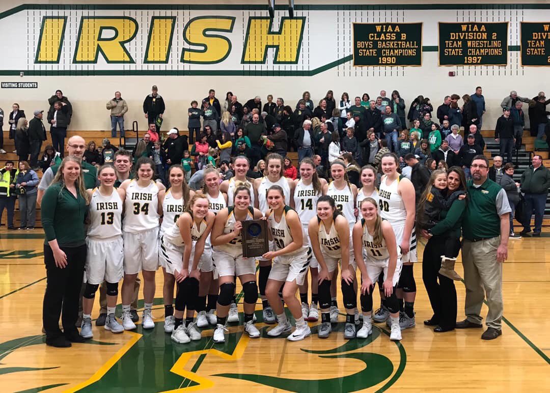The Lady Irish win a Regional Championship after a tough battle against the Little Chute Mustangs.  44-41 final.  #wholesquadready #irishfamily #ontosectionals 🏀❤️☘️