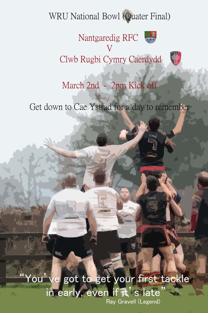 ***CUP GAME***

Dewch lawr i Gae Ystrad wythnos nesaf 2/3/19 er mwyn cefnogi’r bois yn y quarter final vs <a href="/clwbrygbi/">Clwb Rygbi Cymry Caerdydd</a>  
KO am 2pm. 
Bydd y bar yn llawn a digon o hwyl a chanu ar ôl y gêm!

Dewch yn llu! 🍻🏉🎺🎹

#teulunant 
#piano #brassband 

<a href="/Deadballline1/">Jo Rogers</a> <a href="/scarlets_rugby/">Scarlets Rugby</a>