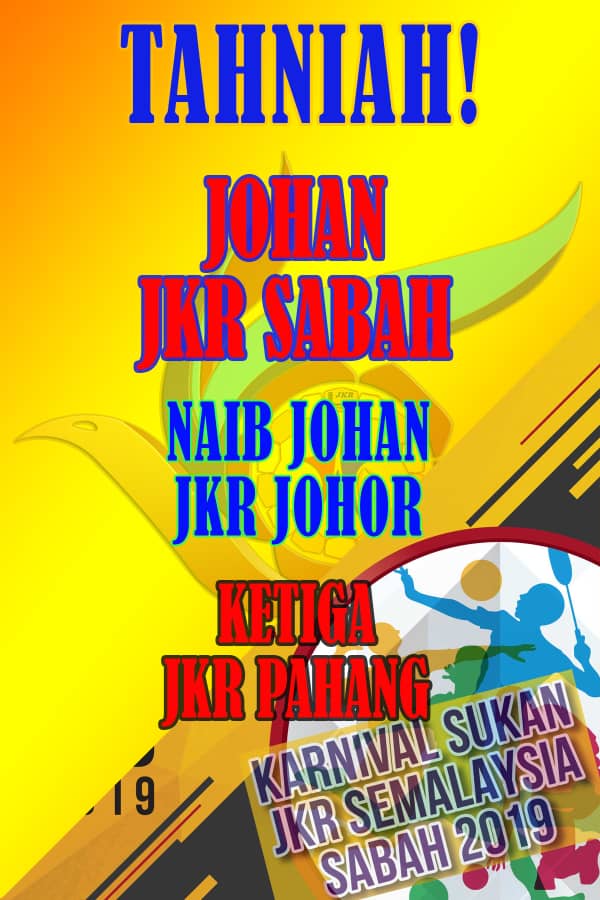 Alhamdulillah Karnival Sukan JKR SeMalaysia 2019 telah berlangsung dgn jayanya. Setinggi Tahniah &amp; TK kpd tuan rumah JKR Sabah. Juga kpd semua yg terlibat samada secara langsung mahupun tidak langsung. Kpd hos 2021 <a href="/JKRJohor/">JKR Johor</a>, diucapkan Selamat Maju Jaya
<a href="/baru_bian/">Baru Bian</a>
<a href="/HjAnuarTahir/">Hj Anuar Tahir</a>