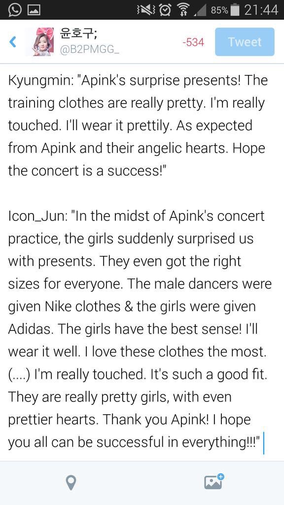 apink giving training clothes as a present for their back-up dancers / team choreographers  https://twitter.com/b2pmgg_/status/558966921412874240?s=21