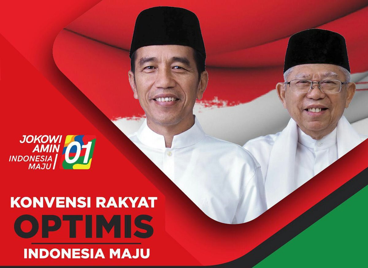 #JokowiRakyatBerSATU 
KONVENSI RAKYAT, 
OPTIMIS INDONESIA MAJU
#01OptimisIndonesiaMaju 
<a href="/jokowi/">Joko Widodo</a> 
<a href="/KHMarufAmin_/">K.H. Ma’ruf Amin</a> 
<a href="/Jokowi_Amin/">Jokowi-Amin</a>