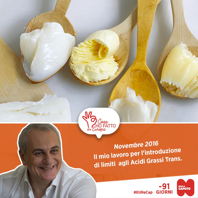 NicolaCaputo's tweet photo. Ogni giorno vi racconto una cosa che ho fatto in questi 5 anni da Parlamentare Europeo. Oggi vi parlo della mia attività per limitare gli #AcidiGrassiTrans industriali negli alimenti.
https://t.co/koct9wqQuH
#Caputo2019 #CosaHofattoInEU #Europee2019 #EuropaSiamoNoi #meno91 https://t.co/dsShy2Vb82