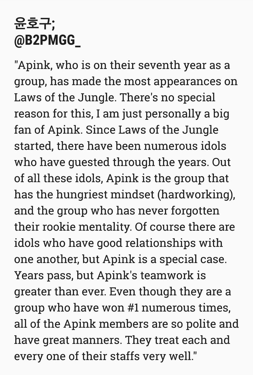 “even though they are a group who have won #1 numerous times, all of the apink members remain polite and have great manners. they treat each and every one of their staffs very well.” - LOTJ PD  https://twitter.com/b2pmgg_/status/910817128864923648?s=21