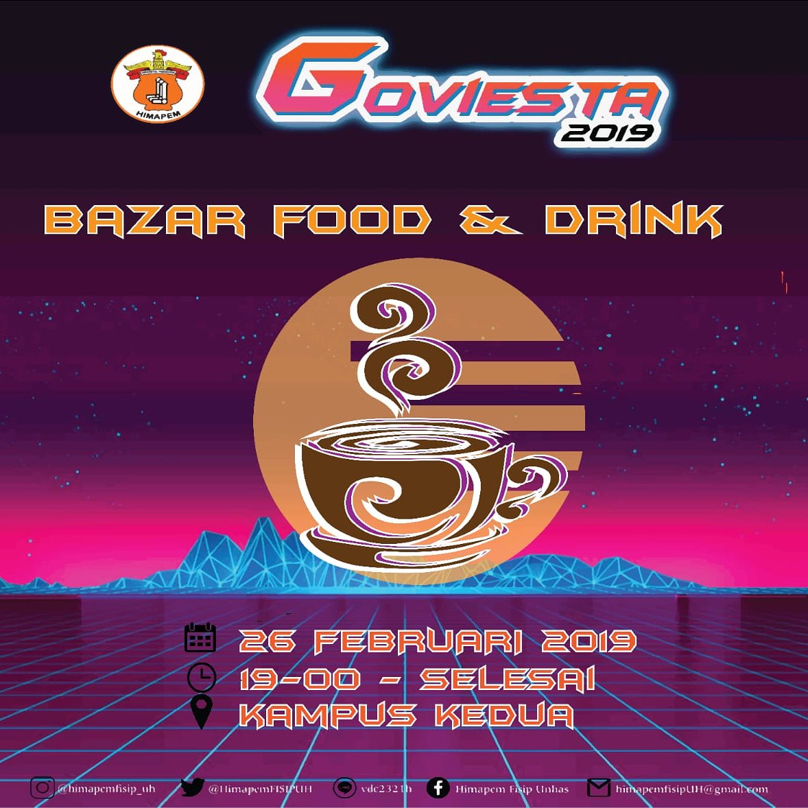 Assalamualaikum Wr.Wb.

Dalam rangka pencarian dana Goviesta 2019 Himapem FISIP Unhas, maka panitia akan mengadakan Bazar makanan &amp; minuman, yg akan dilaksanakan pada: 
 
📆 Selasa, 26 Februari 2019
⏰ 19.00 Wita - Selesai
📍 Cafe Kampus Kedua

Terima kasih
Salam Merdeka Militan