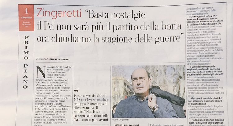 nzingaretti's tweet photo. Voglio un nuovo #Pd che metta prima le persone. Dobbiamo dare un’alternativa a elettori traditi da governo gialloverde. Venite a votare il 3 marzo, saranno le primarie per l’Italia. Leggi la mia intervista a @repubblica https://t.co/yAutPz4N9M #PrimariePd #VotoZingaretti https://t.co/r1gxJ00Qut
