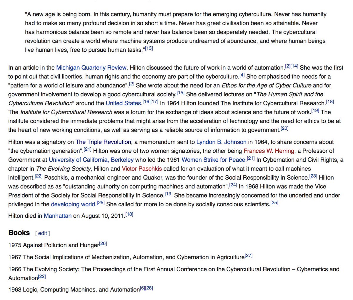 jesswade's tweet image. 💻 Meet Dr Alice Mary Hilton, mathematician, philosopher and social activist. In ‘63 Hilton came up with the term ‘cyberculture’. She wrote extensively about intelligent machines, the impact of automation + future of work. New @Wikipedia page: en.wikipedia.org/wiki/Alice_Mar… #WomeninSTEM