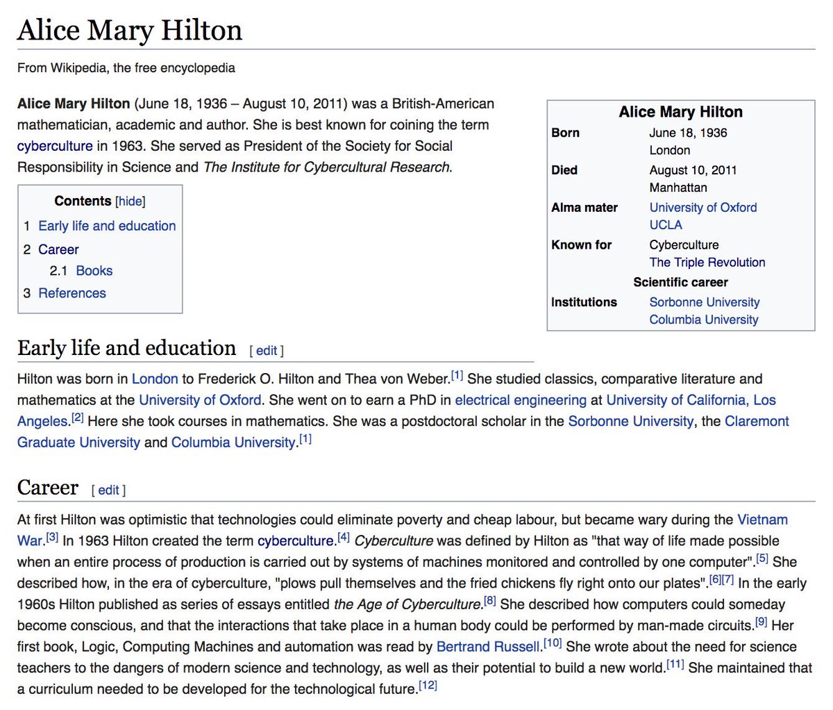 jesswade's tweet image. 💻 Meet Dr Alice Mary Hilton, mathematician, philosopher and social activist. In ‘63 Hilton came up with the term ‘cyberculture’. She wrote extensively about intelligent machines, the impact of automation + future of work. New @Wikipedia page: en.wikipedia.org/wiki/Alice_Mar… #WomeninSTEM
