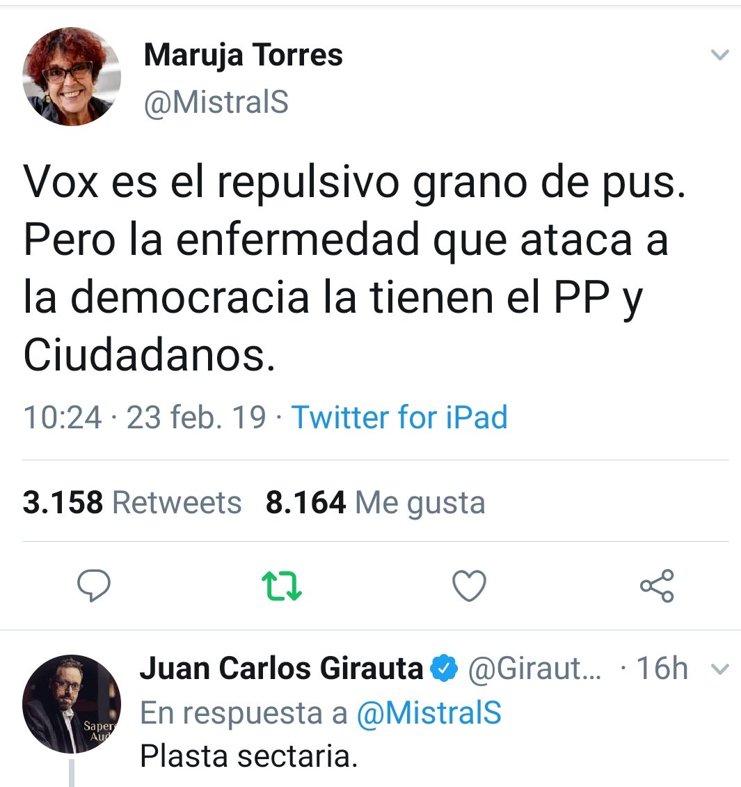 Los dos extremos del talento. En un lado, una periodista brillantísima, referente internacional, ganadora de millones de premios y corresponsal de guerra. En la otra, un puto mediocre que ha dedicado su vida a pasear por partidos políticos. Y se atreve a responder. Viva Twitter.