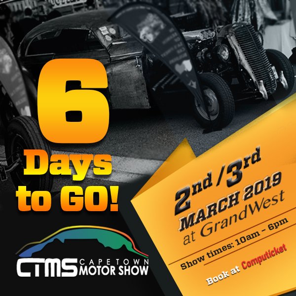 ctmotorshow's tweet photo. 6 days to go! Hope to see you there - tickets are available via @Computicket or at the door! #capetownmotorshow #ctms2019 https://t.co/wFhXGLEAnN