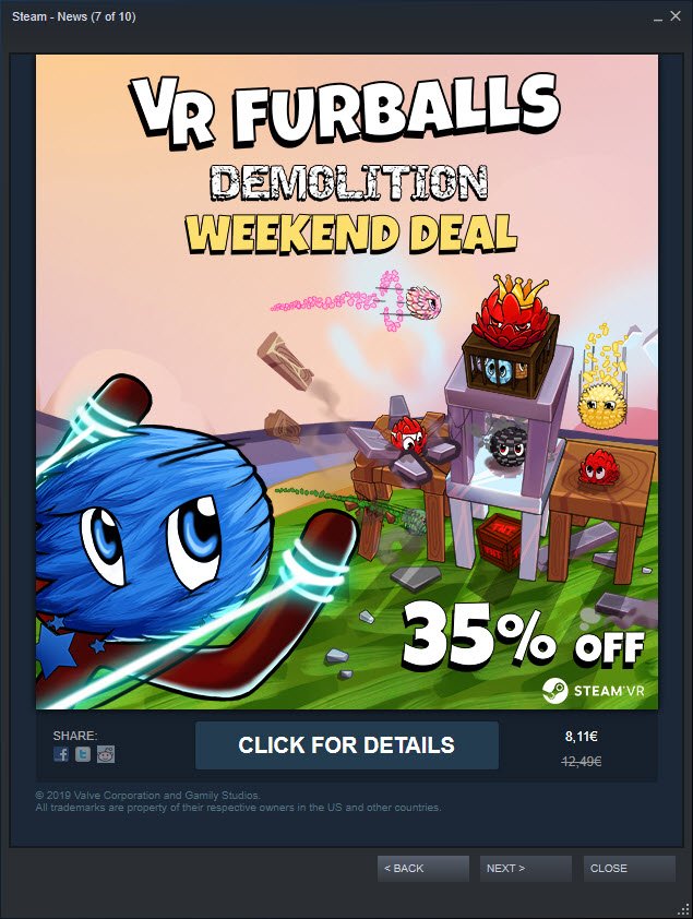 VRFurballs's tweet image. Don't miss the VR Furballs Weekend Deal on Steam 🥳 35% OFF !!!

FREE DEMO available on the Steam page:
store.steampowered.com/app/704470/

#VRFurballs #VR #HTCVive #OculusRift #WMR #UE4 #MadeWithUnreal #Steam
