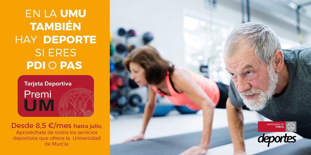 UMU's tweet photo. PRÁCTICA TÚ DEPORTE FAVORITO a partir del 1 marzo la tarjeta #PremiUM al 50% de su precio práctica el deporte que quieras* desde:
✅ 6,5 € al mes EstudiantesUM
✅8,5 € al mes PAS-PDI #UMU
✅ 12 € al mes externos #UMU

https://t.co/2n4lQ4ydYf https://t.co/kTd03brUYH
