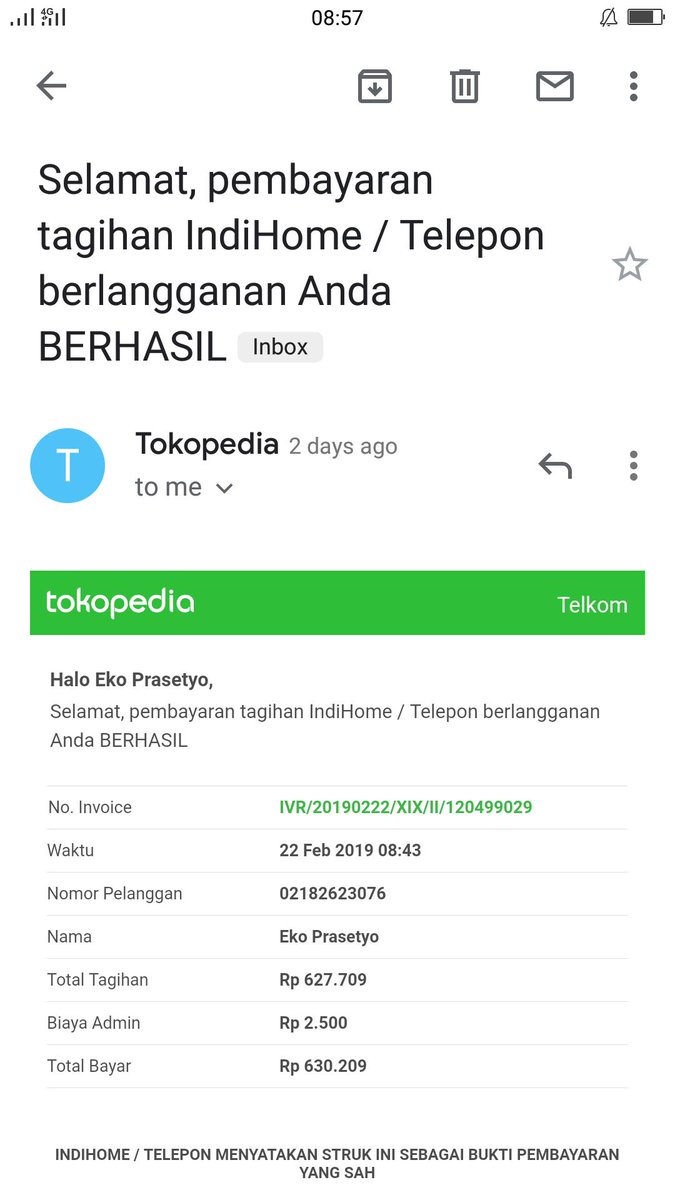ekopras's tweet photo. @TelkomCare Saya sdh melakukan pembayaran lewat @tokopedia @TokopediaCare tgl 22 Feb 2019 tapi Indihome saya msh terblokir. Mohon segera dibuka blokir internet saya dan segera diselesaikan permasalahan ini. https://t.co/3DC1RqI5AH